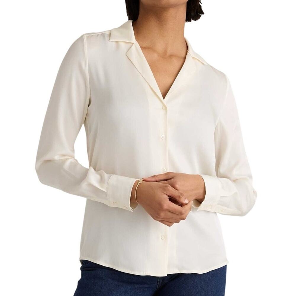 Quince Washable Stretch Mulberry Silk Notch Collar Blouse Ivory Long Sleeve L